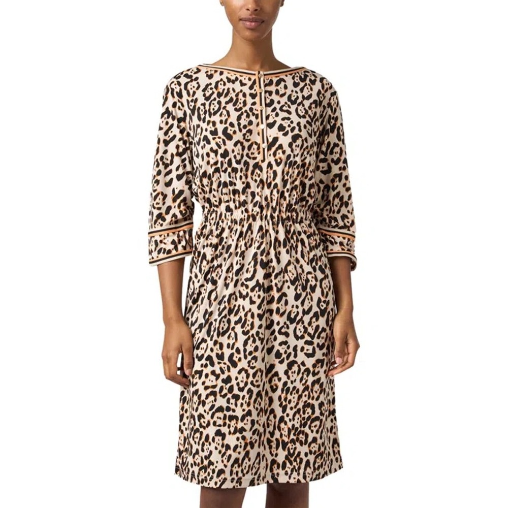 Marc Cain Leopard Print Henley Dress Womens N3 Tan Brown 3/4 Sleeve TC 21.28 J19